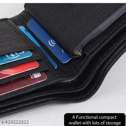 Men's faux leather genuine leather wallet, 5 compartments, solid pattern, perfect for travel or office use, stylish and sleek design, black matte box packaging, Indian origin