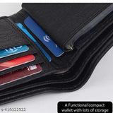 Men's faux leather genuine leather wallet, 5 compartments, solid pattern, perfect for travel or office use, stylish and sleek design, black matte box packaging, Indian origin