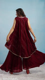 Georgette crop halter neck top with embroidered flared shrug and palazzo, Indian partywear set with sensational fit and umbrella flare
