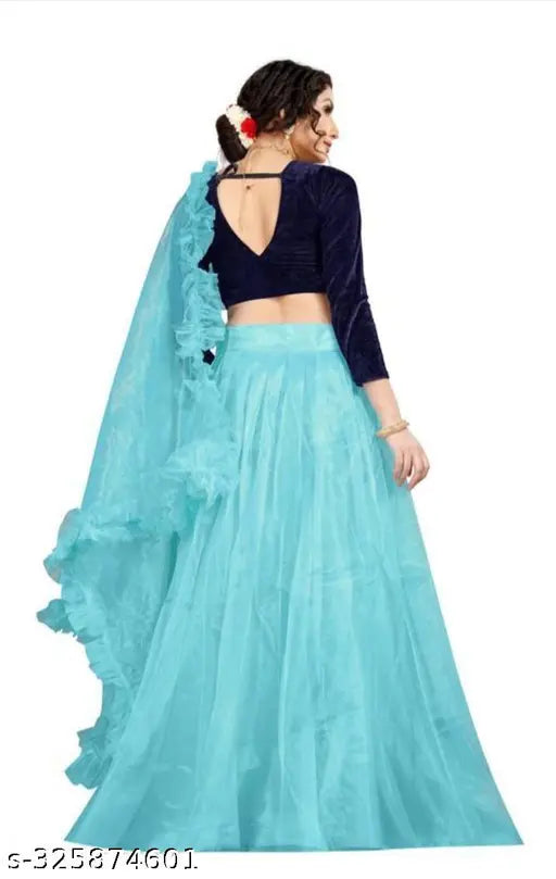 Unstitched velvet and net Navratri lehenga-choli set, solid print, 44m waist, 48m length. Indian traditional women's ethnic wear on display