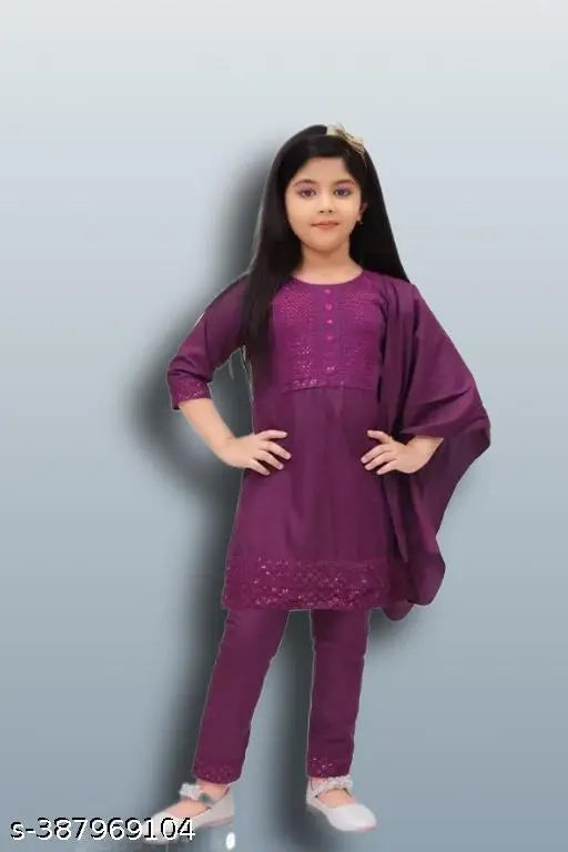 Stylish cotton blend kurti pajama set for girls, embroidered top with lace net bottoms - pack of 3 in various sizes