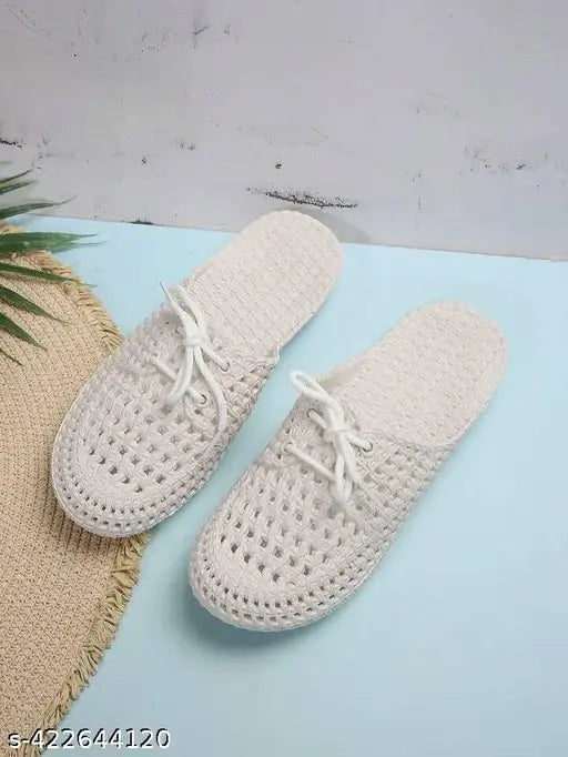 White EVA casual sandals, lightweight and comfortable for summer parties or casual wear. Slip-on design with woven pattern and flexible sole. High-quality EVA material provides arch support and cushioning. Made in India