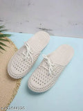 White EVA casual sandals, lightweight and comfortable for summer parties or casual wear. Slip-on design with woven pattern and flexible sole. High-quality EVA material provides arch support and cushioning. Made in India