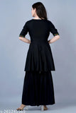 Black mirror Rayon kurta & Sharara set with short sleeves, intricate embroidery, solid net pattern. Indian-made fashion for women's occasions. Pack of 2 sizes: XS-XXL