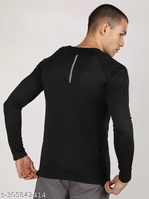 Black active T-shirt for men, solid round polyester fabric with long sleeves. Perfect for an active lifestyle, designed for all seasons. Comes in sizes S to XXXL, made in India