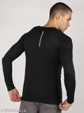 Black active T-shirt for men, solid round polyester fabric with long sleeves. Perfect for an active lifestyle, designed for all seasons. Comes in sizes S to XXXL, made in India