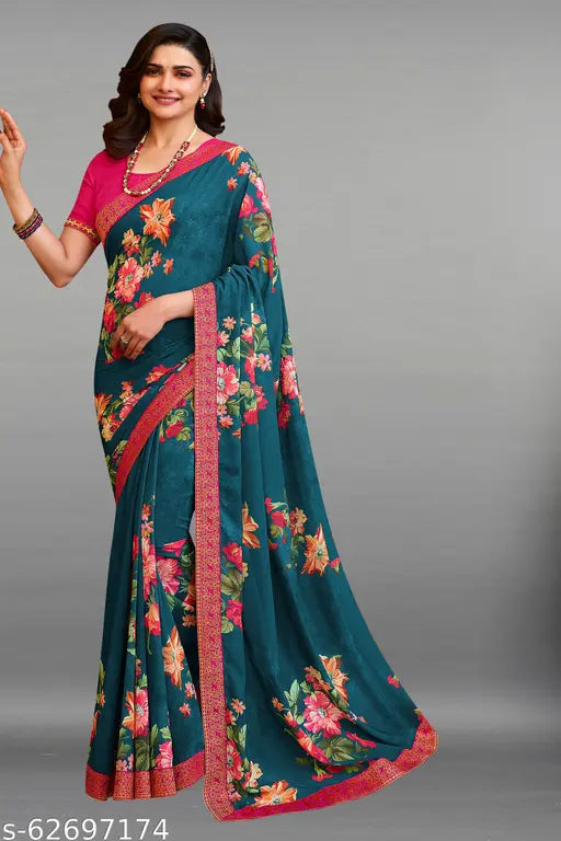 Chiffon Georgette printed saree with separate blouse, digital print and solid net, Bollywood style, India origin