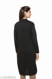 Black woolen A-line self-design kurti with long sleeves and printed combo, women's winter full sleeve kurti from India