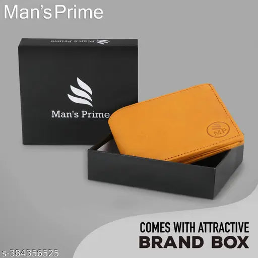 Yellow genuine leather wallet for men's casual, formal, evening/party travel. Solid design with 5 card slots and 2 compartments