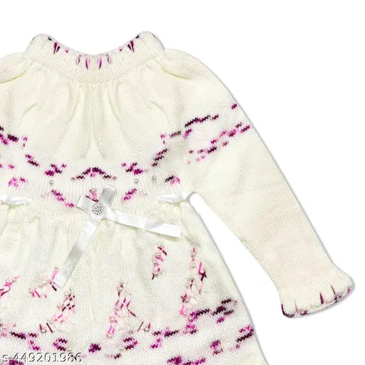 Woolen baby girls sweater, long sleeves, self-design pearl detail, luxurious warmth
