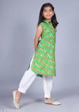 Cotton printed kurta and pyjama set for girls in Tiranga design, sleeveless, white pants with frilled hem, suitable for various occasions like weddings, ceremonies, parties, birthdays, festivals. Made of cotton fabric from India