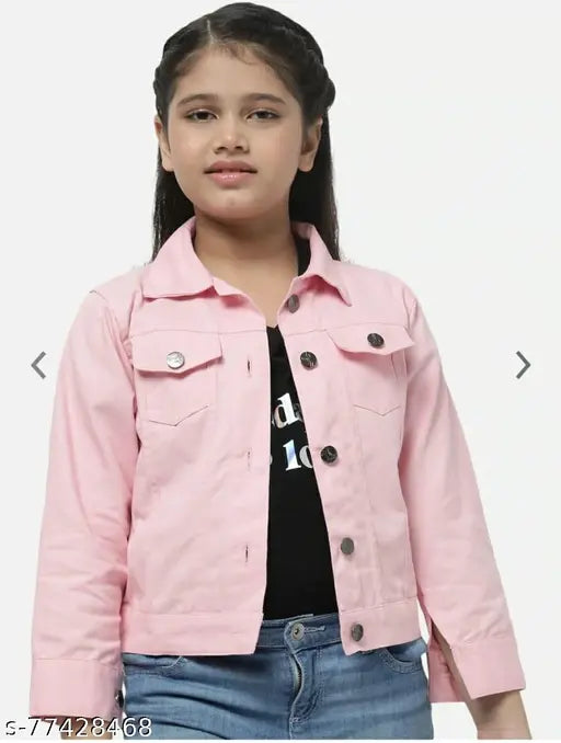 Girls' pink cotton blend jacket coat, long sleeves, solid design, pack of 1. Kids sizes: 5-6 years, 7-8 years, 9-10 years (India origin)
