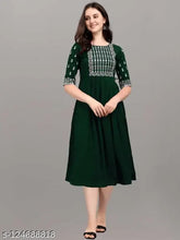 Green Rayon Embroidered Kurti with Three-Quarter Sleeves, 14 KG material, size options include M, L, XL, 2XL, 3XL. Embroidery work on display