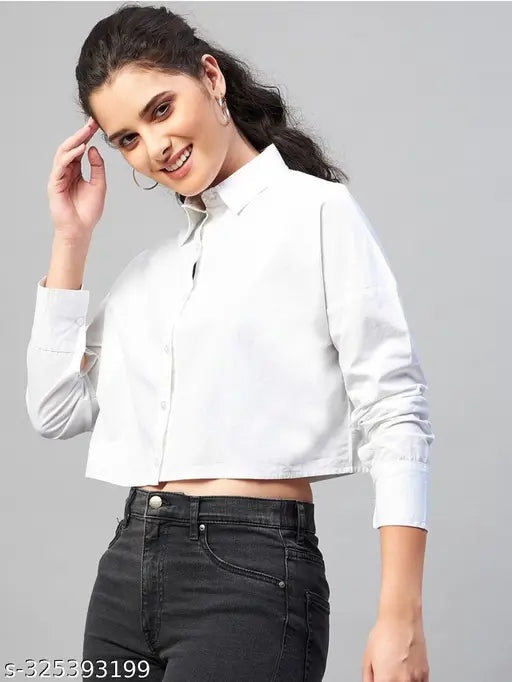 Trending women's cotton blend crop shirt blouse, solid opaque, long sleeves, spread collar, double pockets, India origin