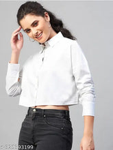 Trending women's cotton blend crop shirt blouse, solid opaque, long sleeves, spread collar, double pockets, India origin