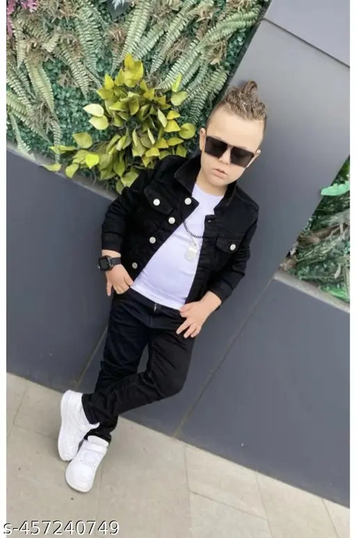 Black long-sleeve boy jacket from India, perfect for a stylish young lad's casual wear