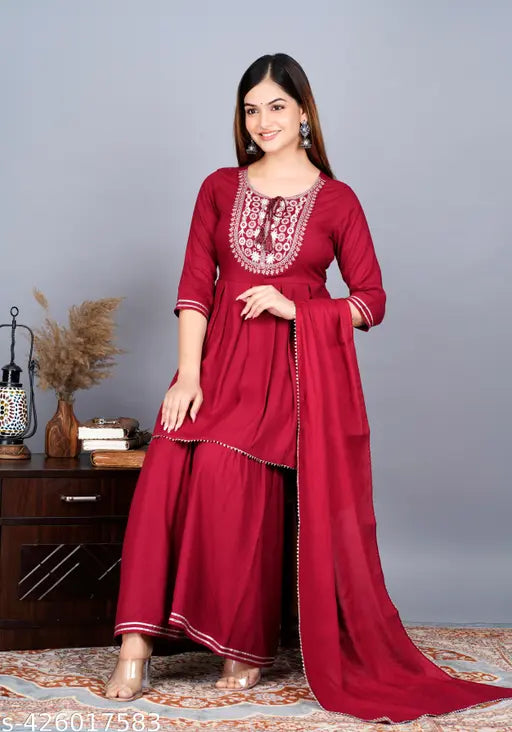 Rayon Rashi Women's Kurta Set with Sharara & Dupatta - Embroidered, vibrant, comfortable fit for any occasion