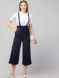 Blue polyester dungarees with white t-shirt for women, solid design, short sleeves, size M (Bust 36", Length 36", Waist 28")