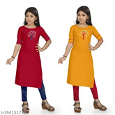 Red and yellow embroidered net cotton kurti&kurtas combo for cute girls, modern design with short sleeves
