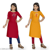 Red and yellow embroidered net cotton kurti&kurtas combo for cute girls, modern design with short sleeves