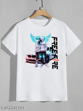 White polyester round neck t-shirt for boys with Free Fire Design printed pattern, short sleeves, size M, made in India