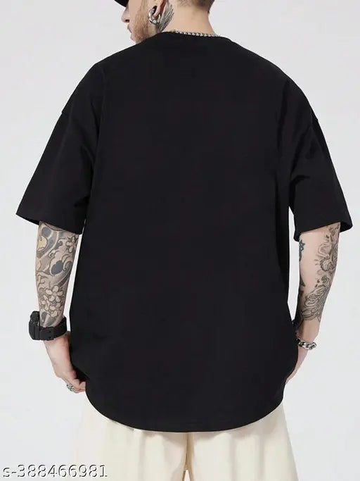 Black cotton blend t-shirt with force printed typography, three-quarter sleeves. Men's round neck size S, L, XL from India