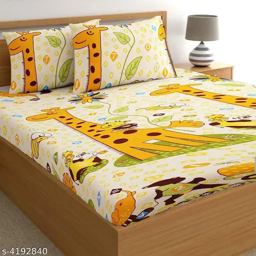 Cream microfiber giraffe double bedsheet with yellow cartoon print for kids room, includes 4 pillow covers (size 90x100 inch)