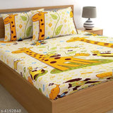 Cream microfiber giraffe double bedsheet with yellow cartoon print for kids room, includes 4 pillow covers (size 90x100 inch)