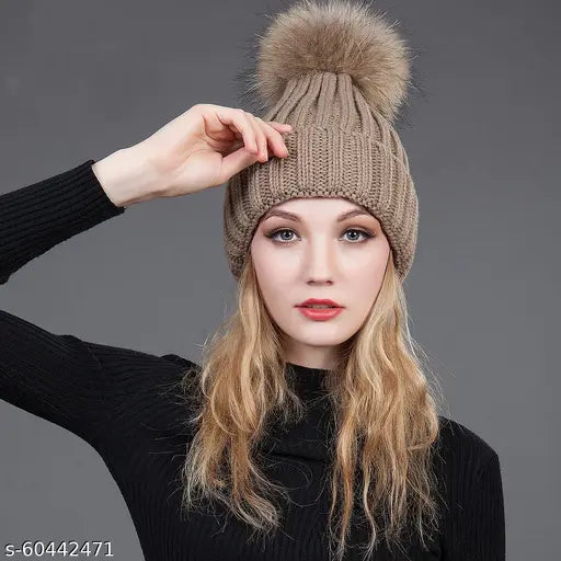 Woolen beanie cap set with fur-lined ball cap and scarf for women, black acrylic anti-allergic winter wear