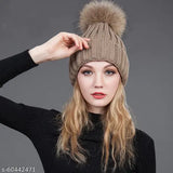 Woolen beanie cap set with fur-lined ball cap and scarf for women, black acrylic anti-allergic winter wear