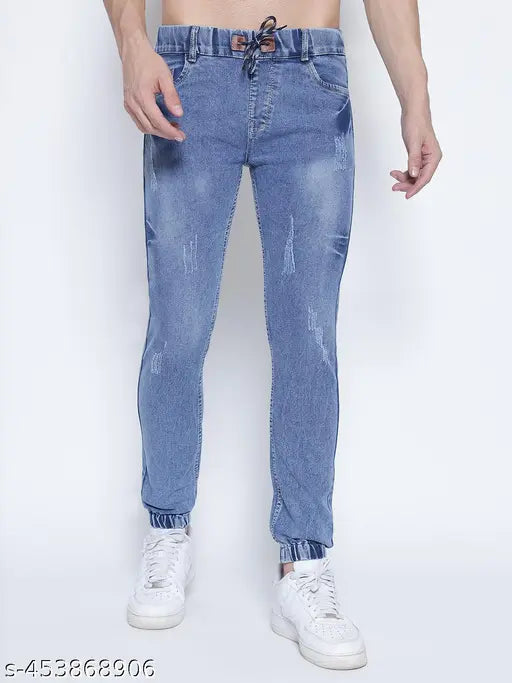 Men's blue denim regular fit jogger, solid pattern. Try with t-shirt or shirt for everyday wear or party style. Available in sizes 26, 28, 30, 32. Made in India