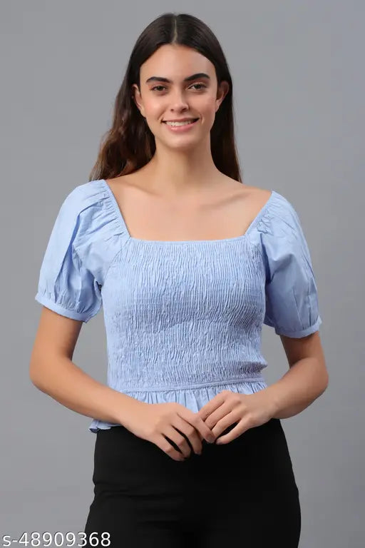 Blue cotton square neck puff sleeve women's top, short puff sleeves, solid color