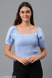 Blue cotton square neck puff sleeve women's top, short puff sleeves, solid color