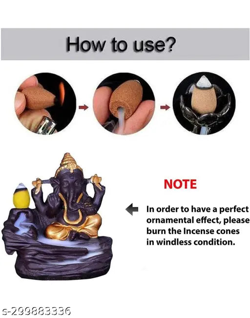 Poly resin Ganesh Idol, meditating smoke fountain decorative showpiece with incense cones