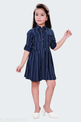 Striped cotton shirt dress for girls, 7-8 years (27in bust, 28in length), stylish 3/4th sleeve design, Indian origin