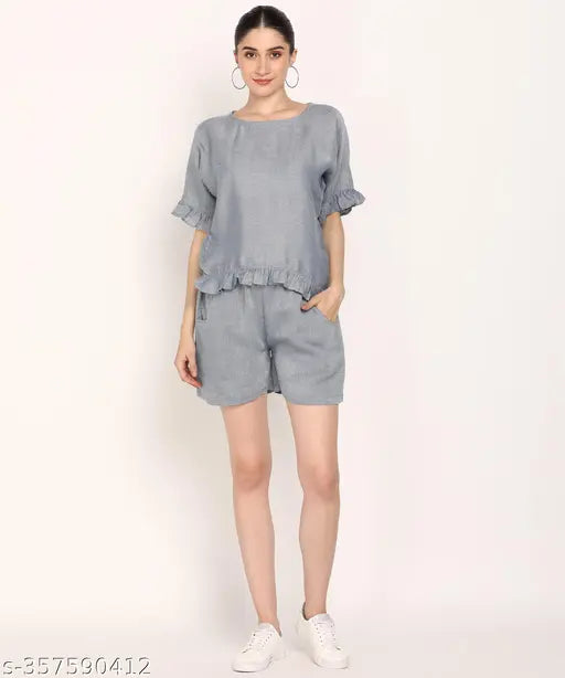 Acrylic acrylic short-sleeve coord set, Indian-made women's fashion ensemble (S-XXXL)