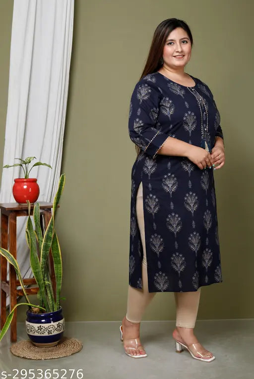 Dark blue cotton plus size straight kurta with floral print, three-quarter sleeves for women