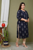 Dark blue cotton plus size straight kurta with floral print, three-quarter sleeves for women