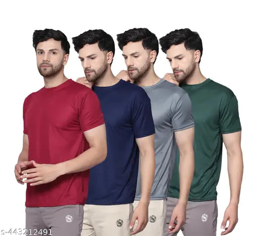 Premium polyester drifit t-shirts combo, four stylish men's short sleeves in various sizes, ideal for casual outings, made in India