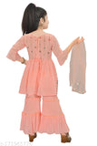 Orange chiffon anarkali sharara with dupatta set for girls, embroidered three-quarter sleeves, Indian clothing, high quality and affordable, size 3-4 years
