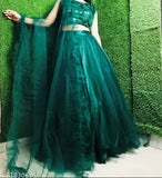Green jute-silk embroidered lehenga for Mehndi, paired with net Choli and embellished dupatta