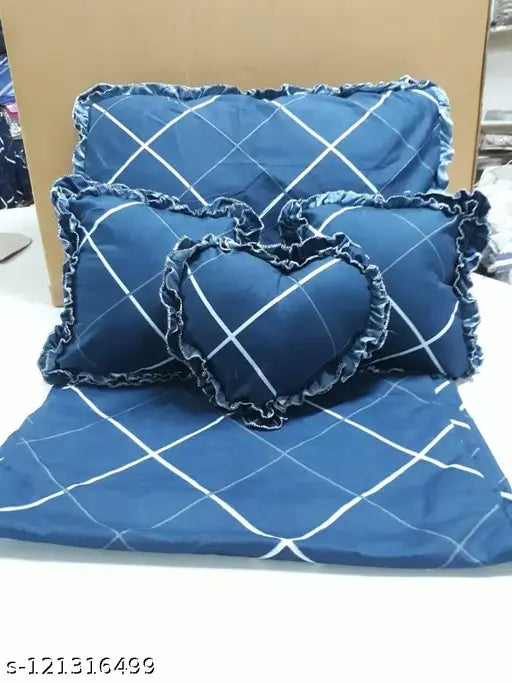 Maa Bala blue pure cotton double floral print flat bedsheet, fine quality 104 thread count, 6-piece set includes bedsheet & 2 pillow covers with frills, Indian origin