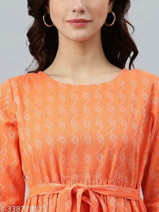 Orange cotton kurti with printed combo, three-quarter sleeves by Taj Trends Jeniffer, XS to XXL sizes available