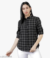 Cotton blend Kashvi Western check shirt, dark wash denim jacket with three-quarter sleeves, premium quality for women's casual self-design, India origin