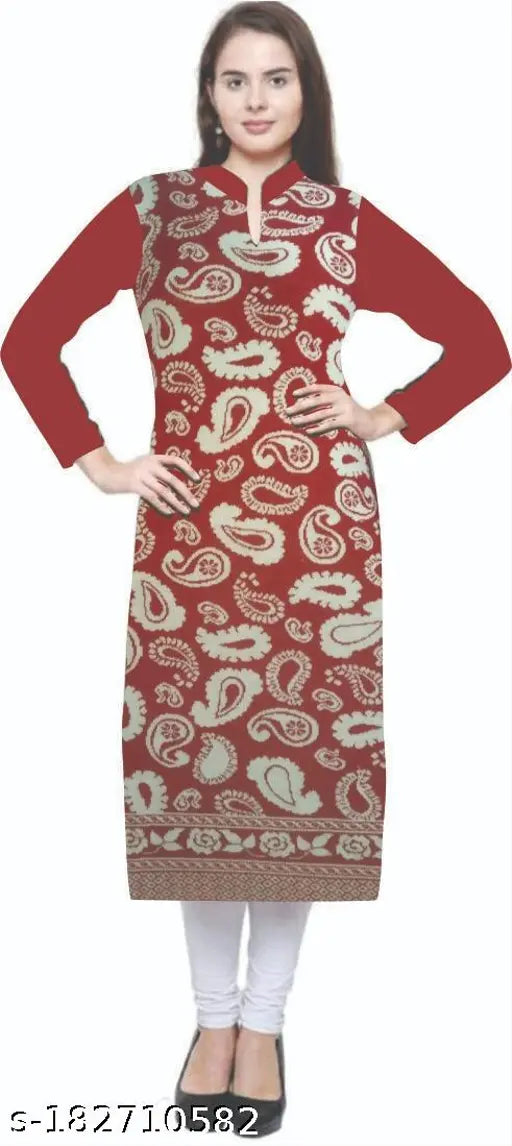Red wool A-line kurti, long sleeves, printed combo design - Indian handcrafted women's embroidered woolen kurti