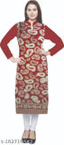 Red wool A-line kurti, long sleeves, printed combo design - Indian handcrafted women's embroidered woolen kurti