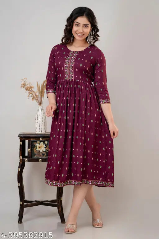 Rayon-cotton women's printed Anarkali Kurta in Wine color, 3/4 sleeves, round neckline, calf length, formal & casual wear