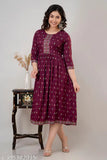 Rayon-cotton women's printed Anarkali Kurta in Wine color, 3/4 sleeves, round neckline, calf length, formal & casual wear