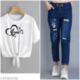 Women's trendy cotton blend denim joggers with short sleeves, unique design from India