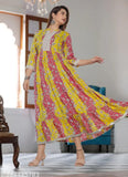 Yellow rayon printed kurti gown, three-quarter sleeves. Rayon women's party wear from India